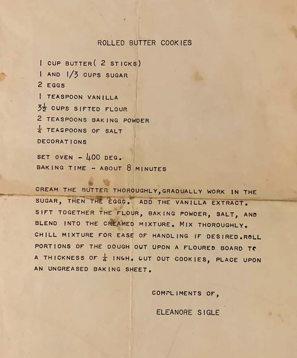 Photo of old rolled butter recipe on yellowish paper (Courtesy Cory Sigle-Oliver)