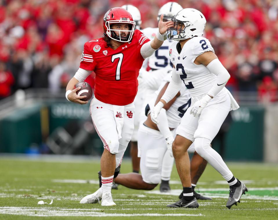 Utah’s Cameron Rising gestures a first down while playing against Penn State Nittany Lions in the 109th Rose Bowl.