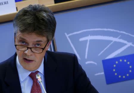 Financial Stability, Financial Services and Capital Markets Union European Commissioner-designate Jonathan Hill of Britain addresses the European Parliament's Committee on Economic and Monetary Affairs, at the EU Parliament in Brussels October 1, 2014. REUTERS/Yves Herman