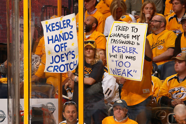 NASHVILLE, TN – MAY 16: Nashville Predators fans hold signs during the first period in Game Three of the Western Conference Final between the Anaheim Ducks and the Nashville Predators during the 2017 Stanley Cup Playoffs at Bridgestone Arena on May 16, 2017 in Nashville, Tennessee. (Photo by Frederick Breedon/Getty Images)