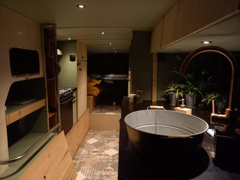 the renovated kitchen sink aboard the double decker bus