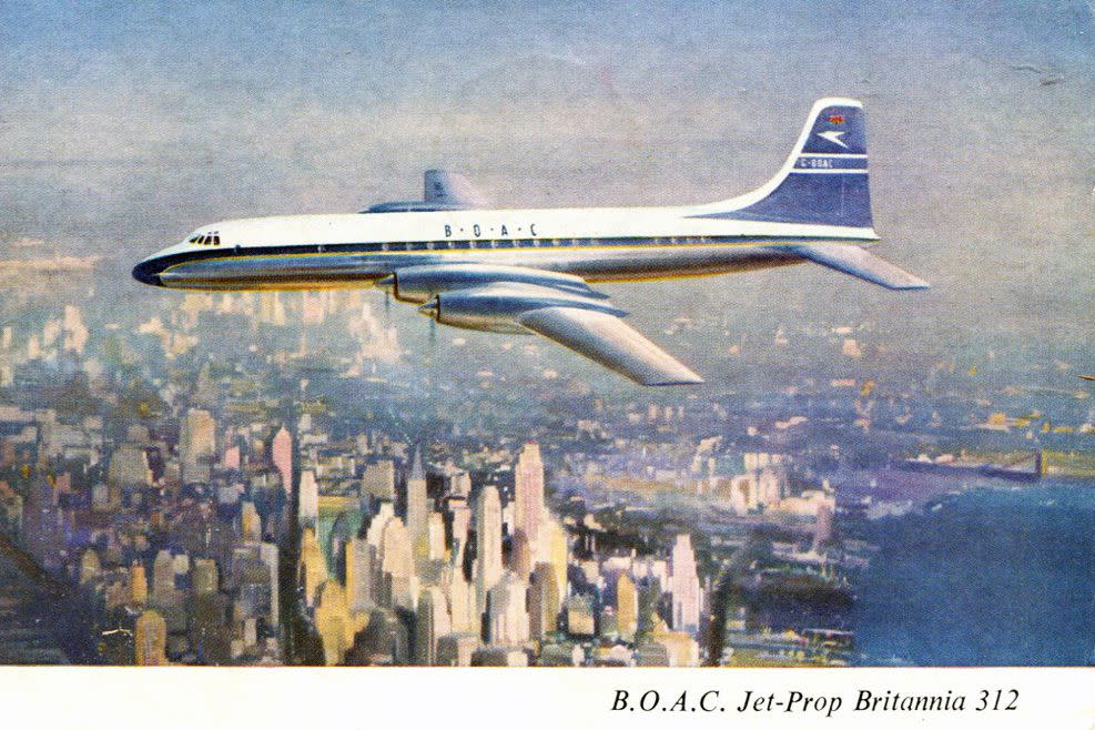 boac britannia post-card from airplane, illustration of plane flying over manhattan