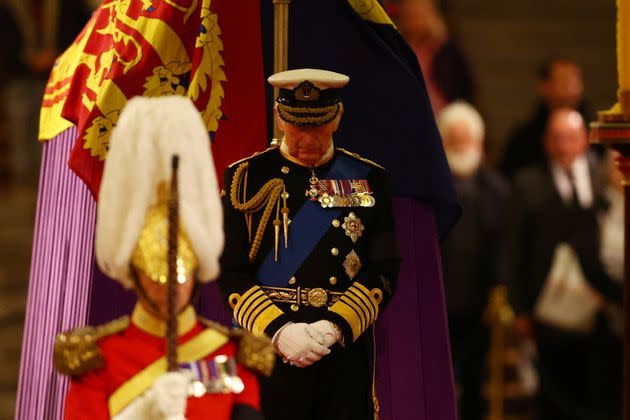 King Charles III holds a vigil along with the Princess Royal, the Duke of York and the Earl of Wessex beside the coffin of their mother, Queen Elizabeth II, as it lies in state on the catafalque in Westminster Hall, at the Palace of Westminster, London. Picture date: Friday September 16, 2022. (Photo: Hannah McKay via PA Wire/PA Images)