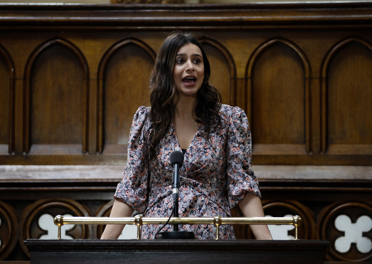 FROM ITV

STRICT EMBARGO
Print media - No Use Before Tuesday 5th April 2022
Online Media - No Use Before 0700hrs Tuesday 5th April 2022

Emmerdale - Ep 9336

Wednesday 13th April 2022

Meena Jutla [PAIGE SANDHU] is utterly convincing as she takes the stand in court, playing the part of a meek victim. She delivers the performance of a lifetime to an enthralled jury.  

Picture contact - David.crook@itv.com

Photographer - Mark Bruce

This photograph is (C) ITV Plc and can only be reproduced for editorial purposes directly in connection with the programme or event mentioned above, or ITV plc. Once made available by ITV plc Picture Desk, this photograph can be reproduced once only up until the transmission [TX] date and no reproduction fee will be charged. Any subsequent usage may incur a fee. This photograph must not be manipulated [excluding basic cropping] in a manner which alters the visual appearance of the person photographed deemed detrimental or inappropriate by ITV plc Picture Desk. This photograph must not be syndicated to any other company, publication or website, or permanently archived, without the express written permission of ITV Picture Desk. Full Terms and conditions are available on  www.itv.com/presscentre/itvpictures/terms