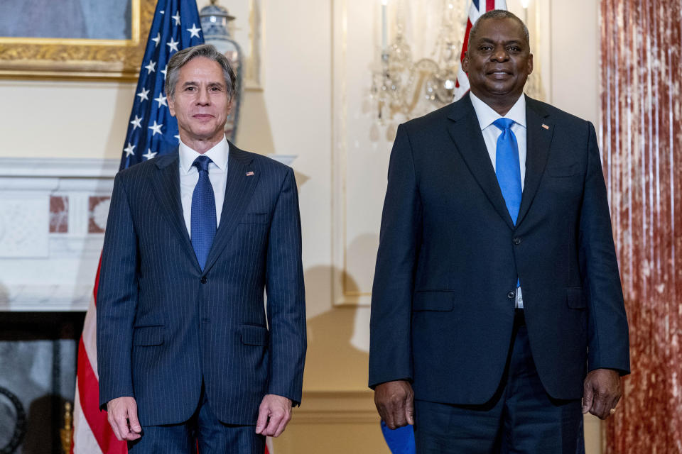 Secretary of State Antony Blinken, and Defense Secretary Lloyd Austin pose for a group photograph with Australian Minister of Defense Peter Dutton and Australian Foreign Minister Marise Payne at the State Department in Washington, Thursday, Sept. 16, 2021. (AP Photo/Andrew Harnik, Pool)