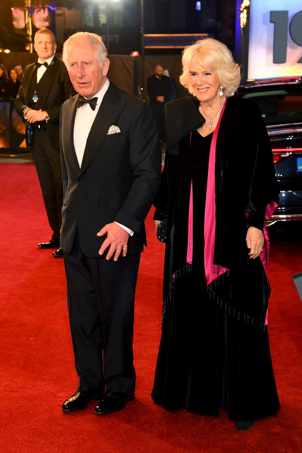 <p>Prince of Wales and Duchess of Cornwall attend the <em>1917</em> world premiere in London in 2019. The duchess chose a velvet black dress whilst the prince opted for a tuxedo and bow-tie. (Getty Images)</p> 