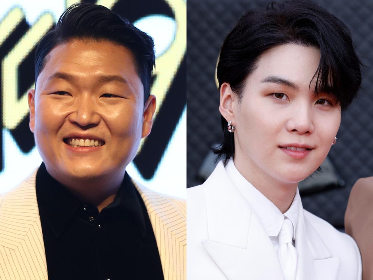 left: psy, wearing a black shirt and white blazer and grinning widely; right: suga from Bts: smiling and wearing an all-white suit