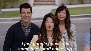 Max Greenfield and two other individuals standing outside, with text reading: "I just google house and sometimes stuff comes up."