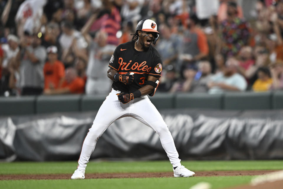 Baltimore Orioles' Jorge Mateo reacts after hitting a three-run home run against the Boston Red Sox in the second inning of a baseball game, Friday, Aug. 19, 2022, in Baltimore. Mateo missed stepping on first, and went back to touch the base. (AP Photo/Gail Burton)