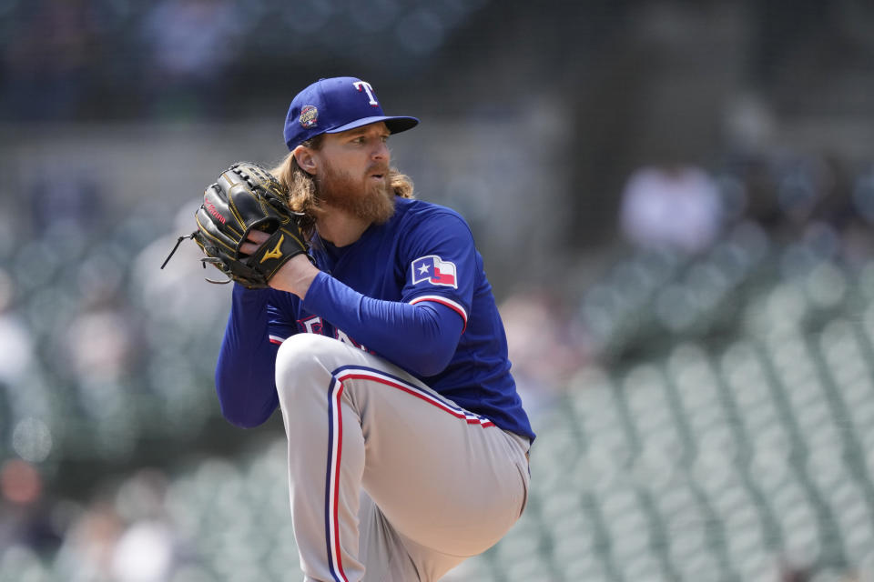 Texas Rangers pitcher Jon Gray throws during the first inning of a baseball game against the Detroit Tigers, Tuesday, April 16, 2024, in Detroit. (AP Photo/Carlos Osorio)