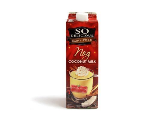 <strong>90 calories, 3 grams of fat</strong><Br> <b>Comments:</b> "As eggnog, this doesn't work. But it really is a deliciously thick coconut drink." "Holy coconut!" "Coconut egg nog -- no thank you." "Dominated by coconut." "Tastes like cream ... just cream."  <b><a href="http://sodeliciousdairyfree.com/share/" target="_blank">sodeliciousdairyfree.com</a></b> 