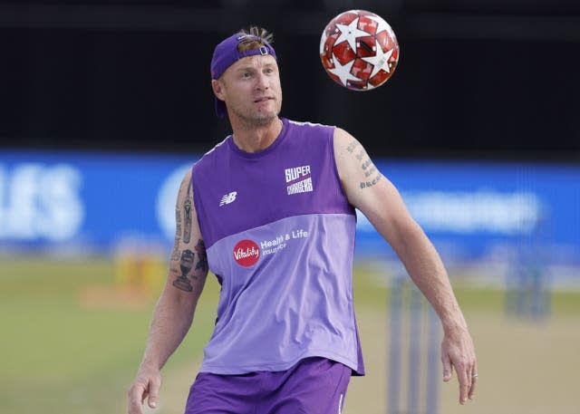 Northern Superchargers’ head coach Andrew Flintoff plays with a football