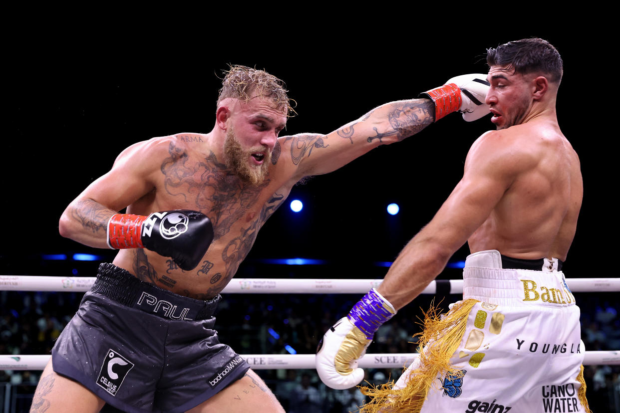 RIYADH, SAUDI ARABIA - FEBRUARY 26: Jake Paul attempts to punch Tommy Fury during the Cruiserweight Title fight between Jake Paul and Tommy Fury at the Diriyah Arena on February 26, 2023 in Riyadh, Saudi Arabia. (Photo by Francois Nel/Getty Images)