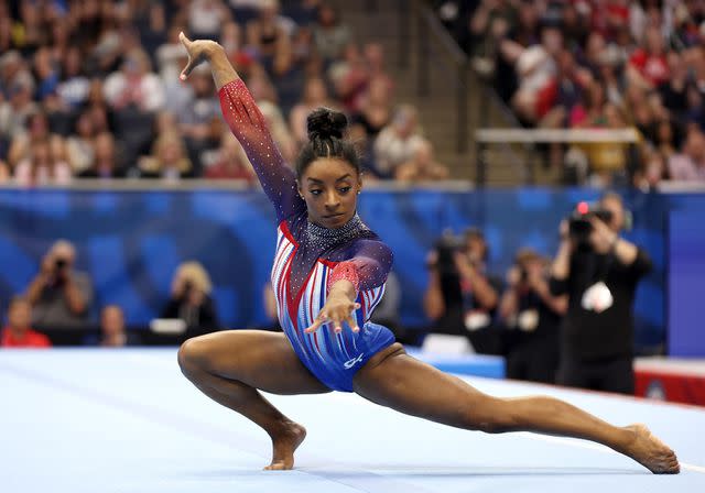 <p>Jamie Squire/Getty </p> Simone Biles at the 2024 U.S. Olympics trials on June 30, 2024.