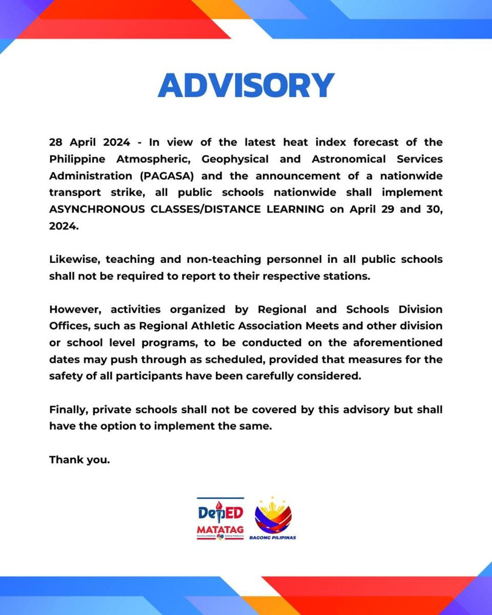 因當地氣溫飆高，菲律賓教育部宣布4月29、30日實體停課2天，採取遠距離教學。（翻攝自菲律賓教育部臉書）