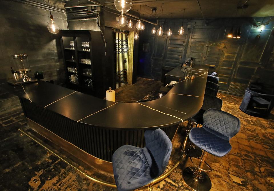 The bar area in the Groom’s Room at Uptown Indigo on North Lafayette Street in Shelby.