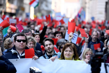 FILE PHOTO: People raise red cards to protest against government's plans to overhaul the Hungarian Academy of Sciences outside the Ministry for Innovation and Technology in Budapest, Hungary, March 21, 2019. REUTERS/Tamas Kaszas/File Photo