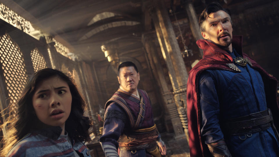 Benedict Cumberbatch and Benedict Wong are joined by MCU newcomer Xochitl Gomez in Doctor Strange in the Multiverse of Madness. (Marvel)