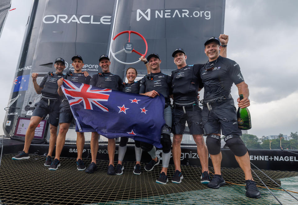 The New Zealand SailGP Team crew celebrate their Singapore SailGP win. (PHOTO: Felix Diemer for SailGP)