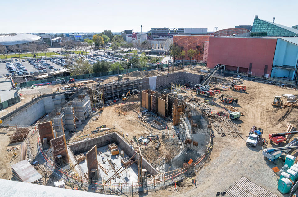 A view of the construction site for Endeavour's new home, the Samuel Oschin Air and Space Center, as located adjacent to the California Science Center. Endeavour will be raised vertically at this site and then the building will be completed around it.