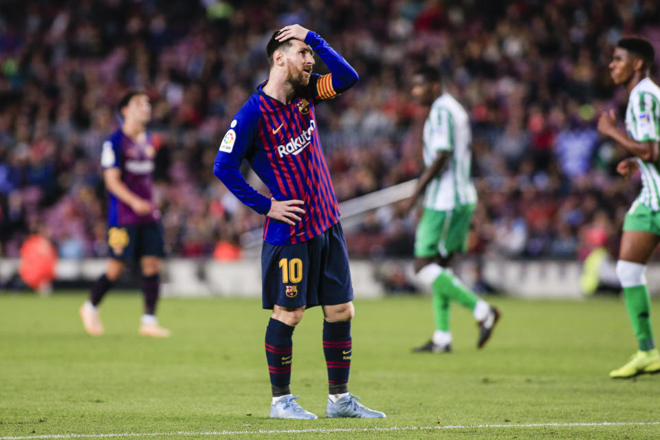 Lionel Messi scored twice and had an assist but Barcelona’s poor defending cost them in a 4-3 loss to Real Betis at Camp Nou. (Xavier Bonilla/Getty Images)