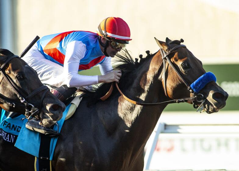 In this image provided by Benoit Photo, Arabian Knight, right, with Flavien Prat aboard, wins the Grade I $1,000,000 Pacific Classic horse race Saturday, Sept. 2, 2023, at Del Mar Thoroughbred Club in Del Mar, Calif. (Benoit Photo via AP)
