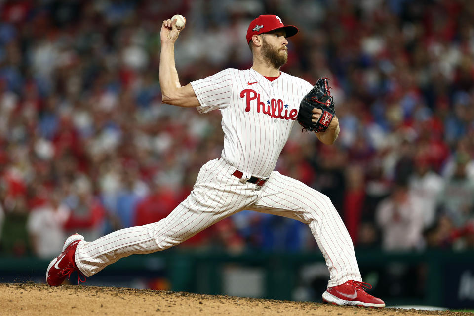 PHILADELPHIA, PENNSYLVANIA - OCTOBER 24: Zack Wheeler #45 of the Philadelphia Phillies pitches against the Arizona Diamondbacks during the seventh inning in Game Seven of the Championship Series at Citizens Bank Park on October 24, 2023 in Philadelphia, Pennsylvania. (Photo by Elsa/Getty Images)