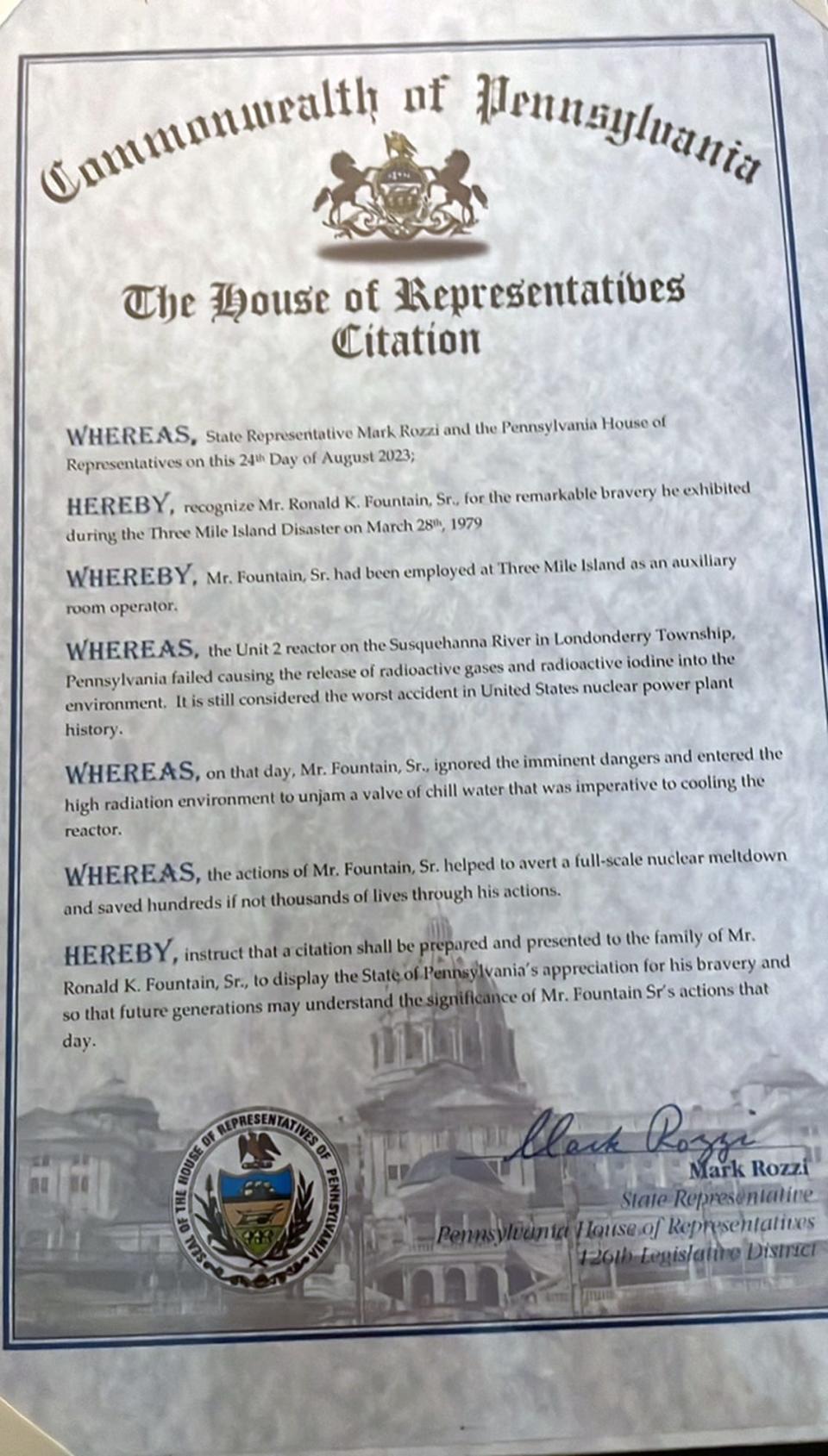 On Aug. 24, the Pennsylvania House of Representatives posthumously honored Ron Fountain for his bravery that day 44 years ago.