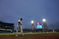 Miami Marlins' Adam Duvall walks to the dugout after striking out against the San Francisco Giants during the fourth inning of a baseball game in San Francisco, Thursday, April 22, 2021. (AP Photo/Jeff Chiu)