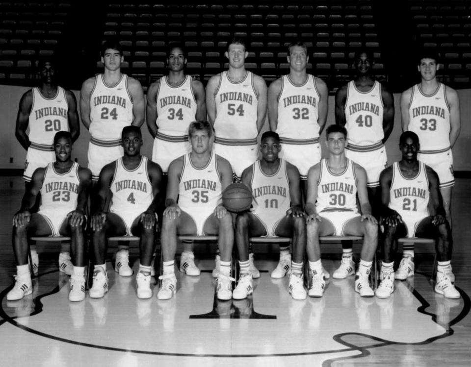 1989 - 1990 Indiana basketball team (Front Row, L to R) Jamal Meeks, Lyndon Jones, Jeff Oliphant, Mark Robinson, Todd Leary, and Chris Reynolds.(Back Row) Greg Graham, Matt Nover, Lawrence Funderburke, Chris Lawson, Eric Anderson, Calbert Cheaney, and Pat Graham. 