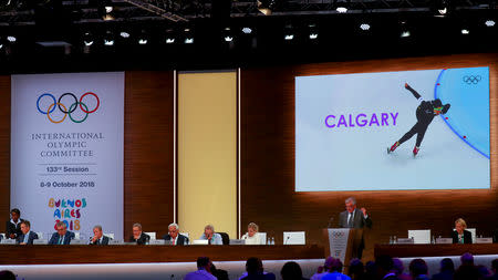 FILE PHOTO: Juan Antonio Samaranch Jr, Vice-President of the International Olympic Committee (IOC), speaks as he presents Milan / Cortina as a candidate to host the 2026 Winter Olympics during the 133rd IOC session in Buenos Aires, Argentina October 9, 2018. REUTERS/Marcos Brindicci/File Photo