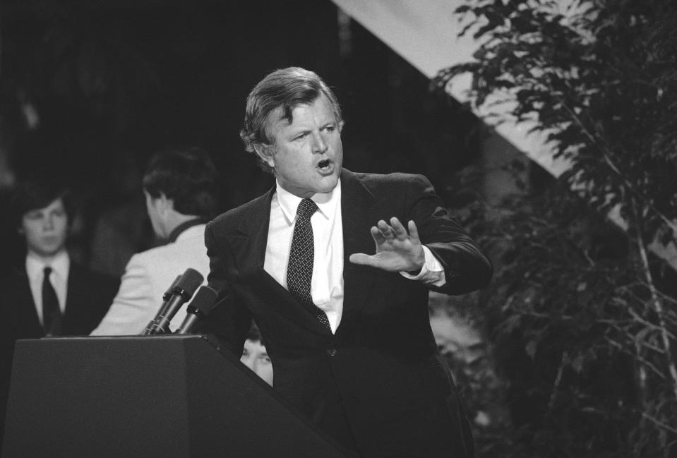 FILE - Sen. Edward "Ted" M. Kennedy, then-Democratic presidential candidate, gestures while speaking at an event, June 18, 1980, in Washington. Starting in 1968, after the assassination of Robert Kennedy, Ted Kennedy was the family's standard bearer and chosen orator. But no one has succeeded him since his death in 2009. (AP Photo/Charles Tasnadi, File)