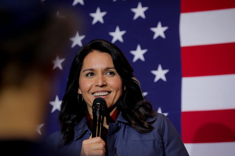 FILE PHOTO: Democratic presidential candidate Rep. Tulsi Gabbard speaks during a campaign event in Lebanon, New Hampshire