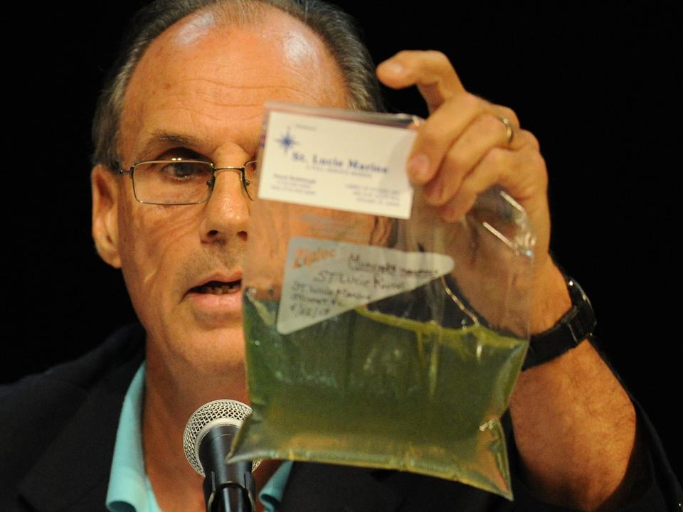 Mark Perry, executive director of the Florida Oceanographic Society in Stuart, shows algae Thursday, Aug. 22, 2013, during a presentation on sending Lake Okeechobee water south during a hearing of the Florida Senate Select Committee on the Indian River Lagoon and Lake Okeechobee Basin at the Kane Center in Stuart.