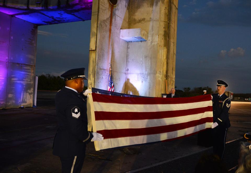 The Patrick Space Force Base Honor Guard conducts a flag-folding ceremony during the Jan. 27 Apollo 1 memorial event.