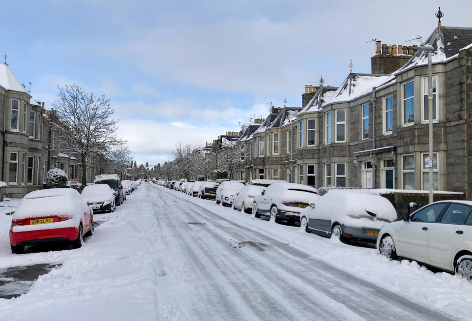 Snow in the west end of Aberdeen, Scotland, as weather warnings for snow and ice are in place across all four nations of the UK and more are expected to be issued as Arctic air sweeps across the country. Picture date: Tuesday March 7, 2023. (Photo by Beth Edmonston/PA Images via Getty Images)