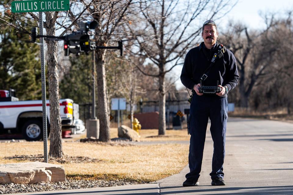 Capt. Estaban Guzman of the Poudre Fire Authority flies a drone during a training in Fort Collins on Dec. 23.