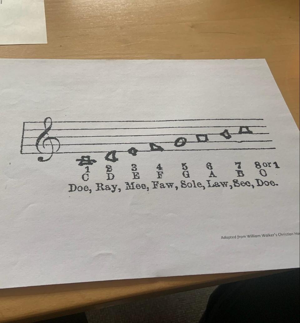 "(In shape note singing), Do is a trapezoid, and re is a crescent, and so on and so forth, versus standard music theory, where it will all be circular heads. By using shape note, you don't have to know pitches. You know the intervals, but you don't need to know if the song starts on A, or B-flat," said MHU shape note singing student Megan Walters.