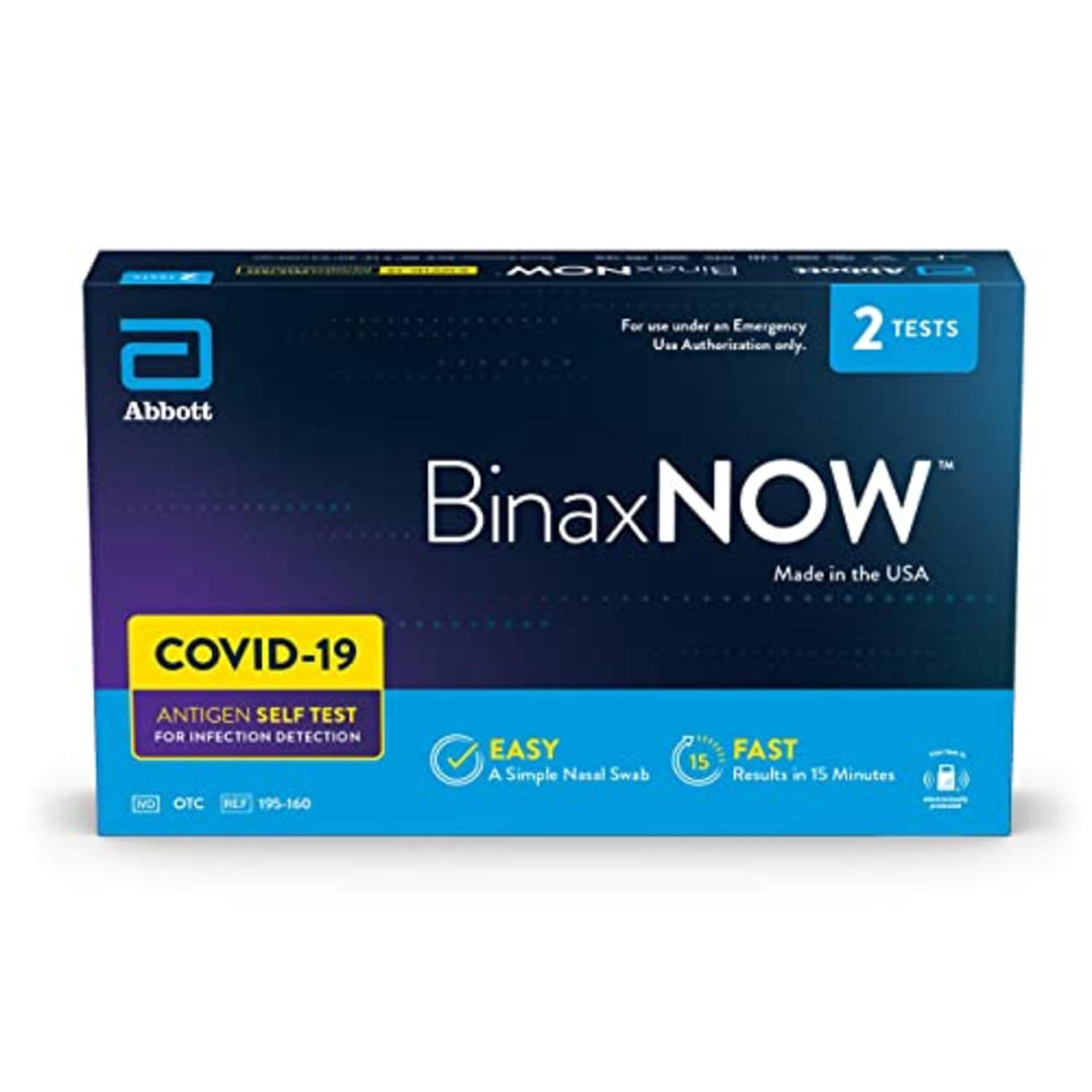 BinaxNOW COVID-19 Antigen Self Test, 1 Pack, 2 Tests Total, COVID Test With 15-Minute Results Without Sending to a Lab, Easy to Use at Home (AMAZON)