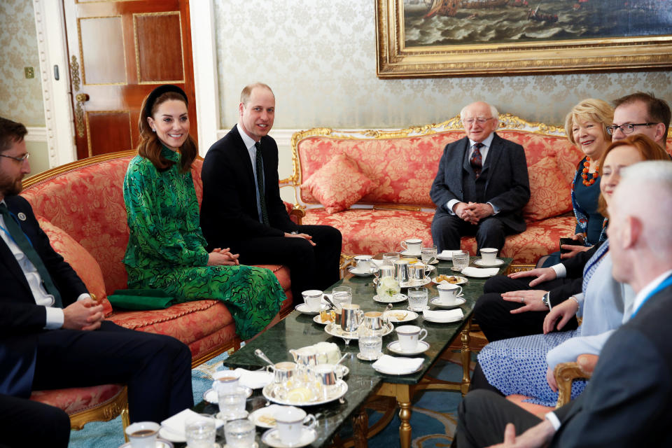 The Duke and Duchess of Cambridge meet with the President of Ireland, Michael D. Higgins and his wife Sabina Coyne at Aras an Uachtarain, Dublin, during their three day visit to the Republic of Ireland.