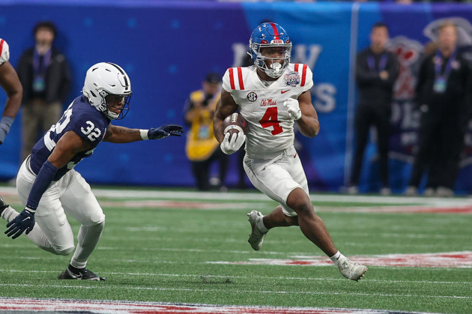 Dec 30, 2023; Atlanta, GA, USA; Mississippi Rebels running back Quinshon Judkins (4) runs the ball against the Penn State Nittany Lions in the second quarter at Mercedes-Benz Stadium. Mandatory Credit: Brett Davis-USA TODAY Sports