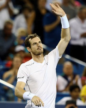 Aug 20, 2016; Mason, OH, USA; Andy Murray (GBR) waves to the crowd after defeating Milos Raonic (CAN) in the semifinals during the Western and Southern tennis tournament at Linder Family Tennis Center. Mandatory Credit: Aaron Doster-USA TODAY Sports