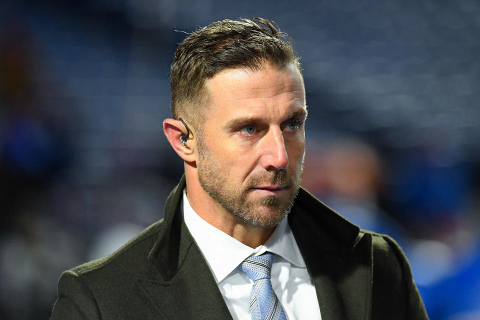Dec 6, 2021; Orchard Park, New York, USA; ESPN analyst Alex Smith prior to the game between the New England Patriots and the Buffalo Bills at Highmark Stadium. Mandatory Credit: Rich Barnes-USA TODAY Sports