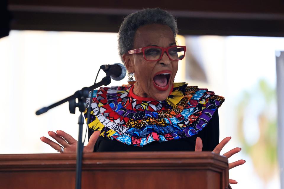 Former college president and director at the National Museum of African Art Johnnetta Betsch Cole speaks at a "Banned Book Readout" held Thursday at James Weldon Johnson Park as part of the national conference of the 108-year-old Association for the Study of African American Life and History (ASALH), a Black studies group.