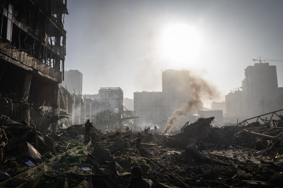 KYIV, UKRAINE- MARCH 21:  A view of the aftermath of the Retroville shopping mall following a Russian shelling attack which killed Eight people on March 21, 2022 in Kyiv, Ukraine.  (Photo by Andriy Dubchak / dia images via Getty Images)