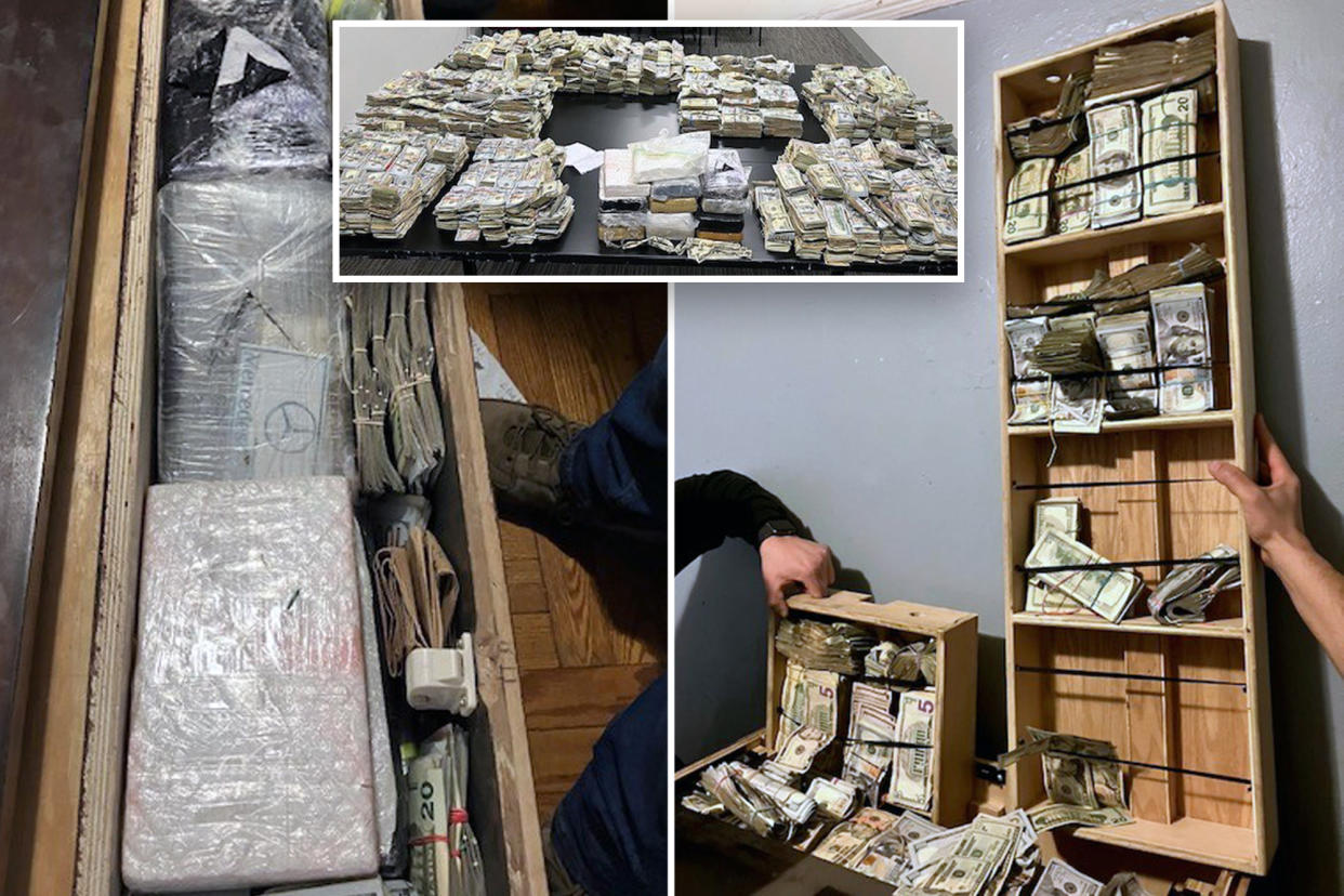 composite photo ofmoney stuffed in secret compartments in bronx man's furniture