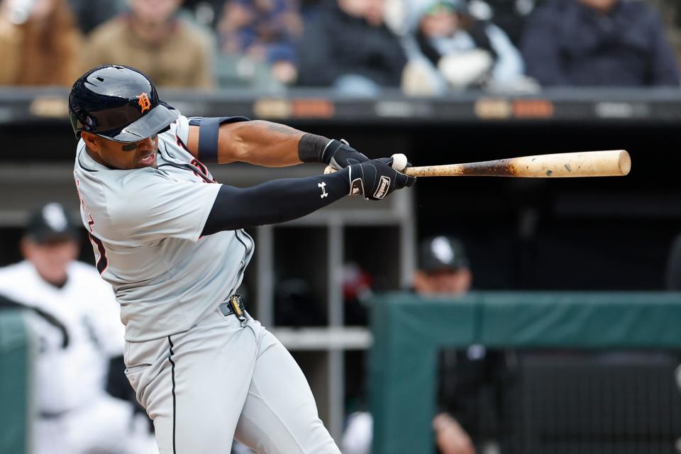 Detroit Tigers second baseman Andy Ibanez hits an RBI-single against the Chicago White Sox during the ninth inning at Guaranteed Rate Field in Chicago, Illinois on Sunday, March 31, 2024.