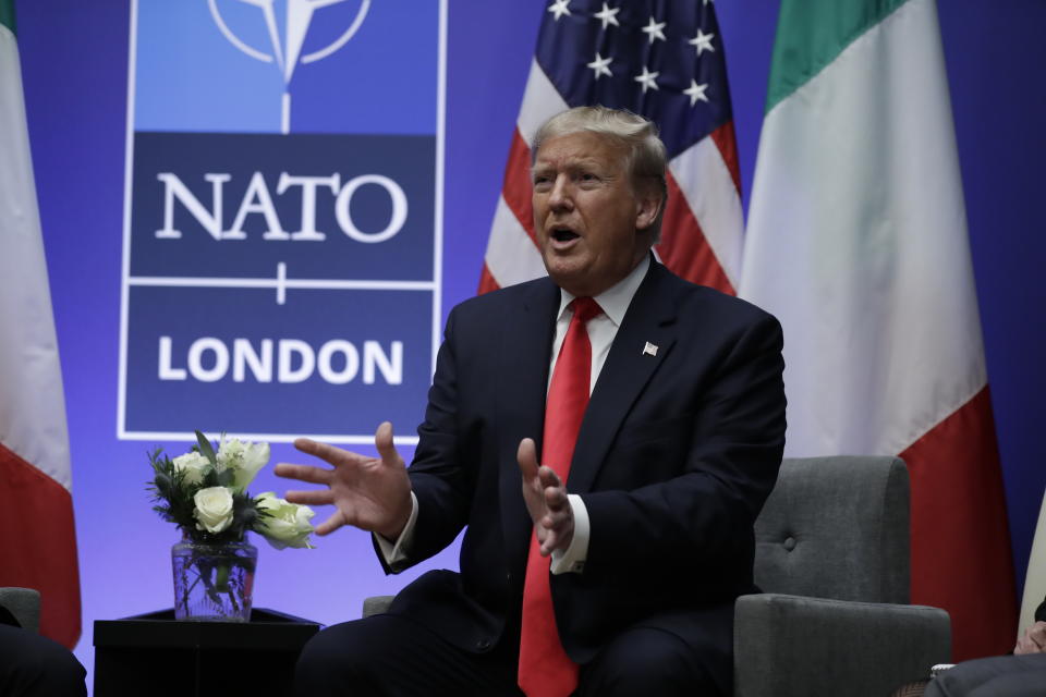 President Donald Trump speaks as he meets with Italian Prime Minister Giuseppe Conte during the NATO summit at The Grove, Wednesday, Dec. 4, 2019, in Watford, England. (AP Photo/ Evan Vucci)