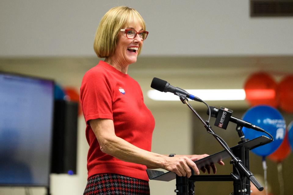 Lt. Governor Suzanne Crouch addresses the crowd during the Republican watch party at the C K Newsome Community Center in Evansville, Ind., Tuesday, Nov. 6, 2018. 