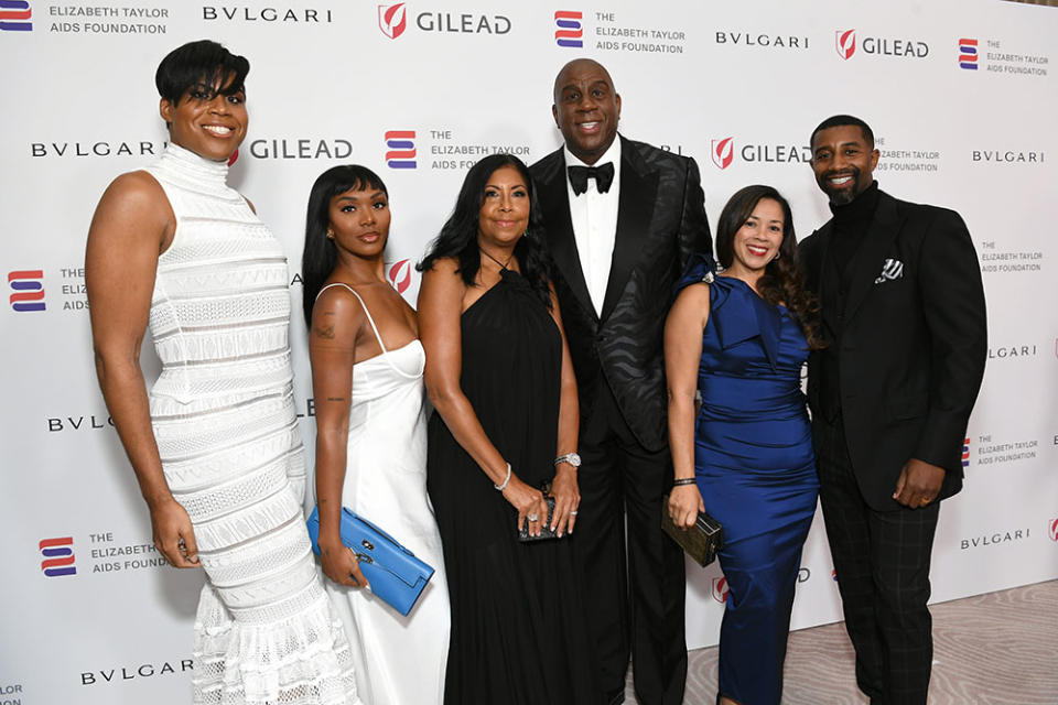 EJ Johnson, Elisa Johnson, Cookie Johnson, Magic Johnson, Lisa Johnson, and Andre Johnson attend the Elizabeth Taylor Ball to End AIDS at The Beverly Hills Hotel on September 21, 2023 in Beverly Hills, California.